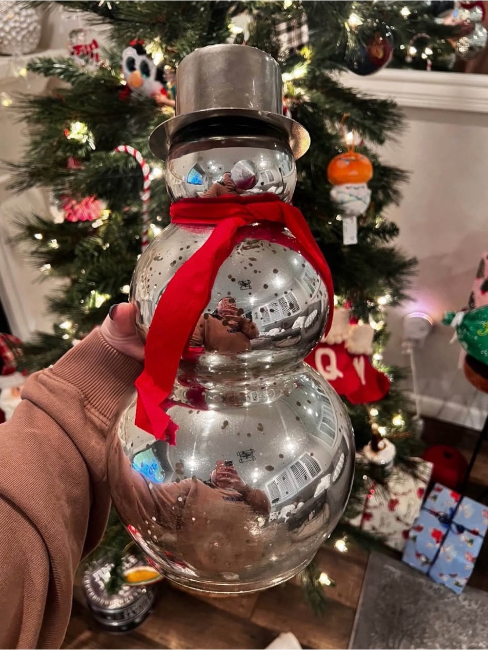 Silver Metal Snowman Table Decor with Red Scarf - Home Holiday Decor